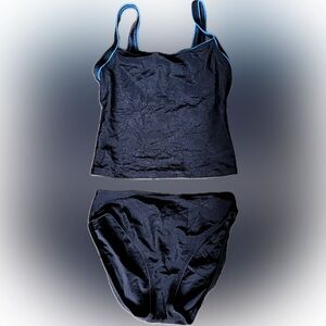 Cole Women’s High-Waisted High-Cut Tankini, Black W/Blue Trim, Size 8, Like-New